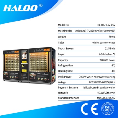 Distributeur automatique chaud de nourriture de Cabinets de la grande capacité 2 avec le chauffage par micro-ondes et l'écran tactile intelligent