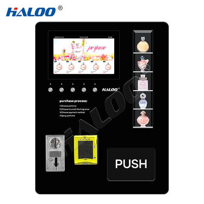 Haloo wall-mounted perfume spray vending machine can hold four different fragrances and features five sample buttons for tabletop use