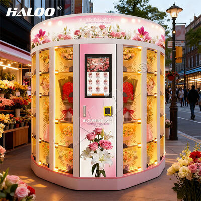 Le distributeur automatique de fleurs Haloo offre une personnalisation gratuite du logo, du matériau de la plaque métallique et prend en charge les paiements multiples.