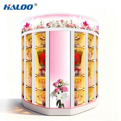 Le distributeur automatique de fleurs Haloo offre une personnalisation gratuite du logo, du matériau de la plaque métallique et prend en charge les paiements multiples.